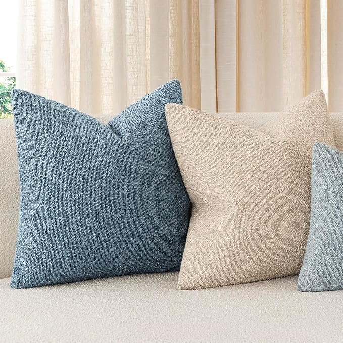 Foindtower Set of 2, Decorative Textured Boucle Throw Pillow Covers Accent Solid Pillow Cases Neutral Cozy Couch Cushion Case for Chair Sofa Bedroom Living Room Home Decor 26x26 Inch Misty Blue