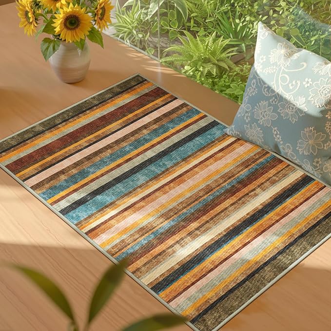 jinchan 2x3 Striped Rug for Entryway Washable Kitchen Rug Small Mat Non Slip Indoor Doormat Lightweight Low-Profile Decor Throw Carpet for Entrance Bathroom Laundry Room, Pine Dawn