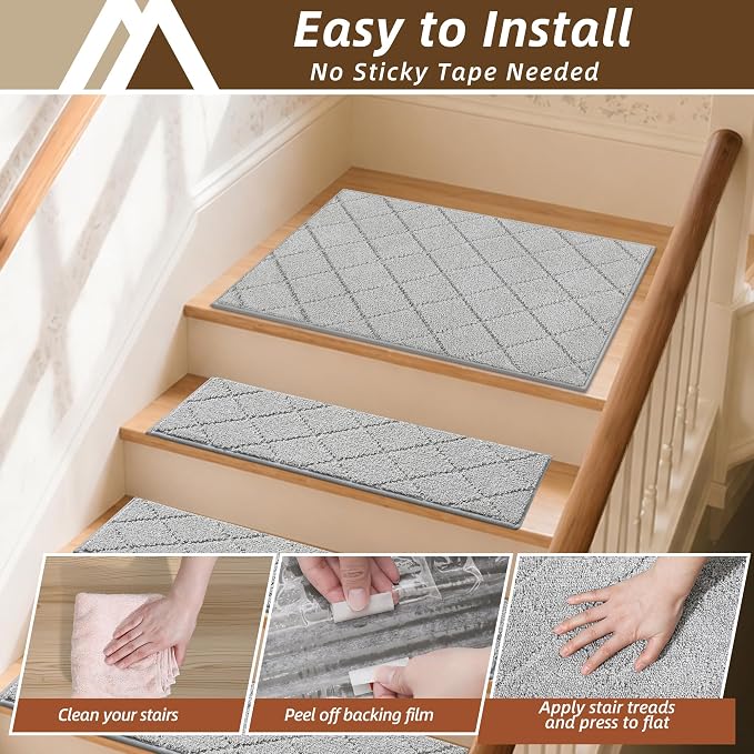 COSY HOMEER Edging Stair Treads Non-Slip Corner Indoor Stair Runners for Wooden Steps,Landing Slip Resistant Stair Rugs for Kids and Dogs, 100% Polyester TPE Backing,Grey,20"X32"