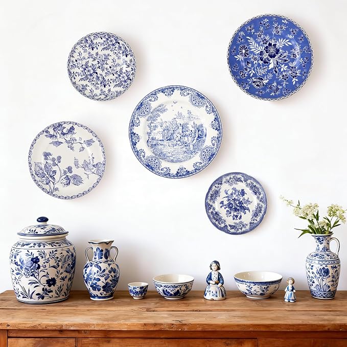 5 Pcs Coastal Vintage Ceramic Wall Plates Set, Blue and White Decoration Hanging Plates with Botanical Patterns, Holland Vintage Gifts for Wall, Home Office Art Ornament(Flowers)