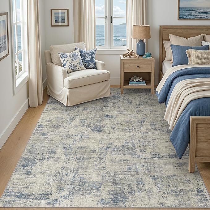 DEXI Washable Area Rug for Living Room 5x8, Modern Abstract Soft Indoor Large Rugs, Stain Resistant Low Pile Carpet with Non Slip Backing for Dining Bedroom Office, Blue