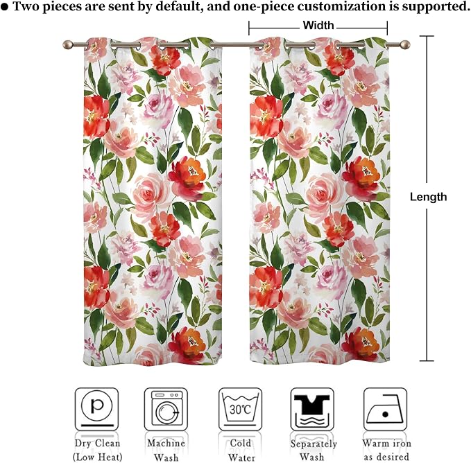 Renaiss Watercolor Flowers Curtains Rose Peony Floral Print Blackout Window Curtain Panels Thermal Insulated Grommet Top Window Curtains for Living Room Bedroom 29W x 45L Inch 2 Panel Set