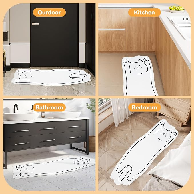 Cat Rugs, 1.3' X 3.9' Small Cute Irregular Shaped Rug for Bedroom Bathroom Room, Funny Cartoon Pet Area Carpet Kid Rugs, Cat Decor Dog Shaped Pet and Children Entryway Runner Rug (B White Cat)