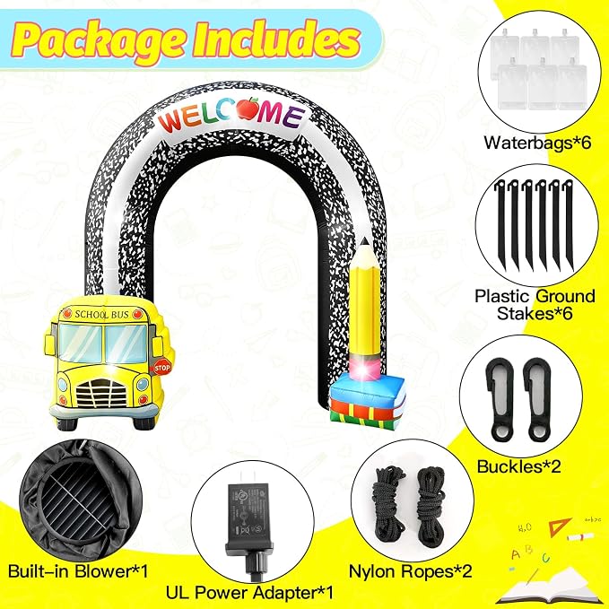8FT Welcome Back to School Inflatable Arch Outdoor Decorations, Composition Blow Up Arch with Pencil School Bus Built-in 5 LED Lights for First Day of School Party Garden Yard Lawn Photo Backdrop
