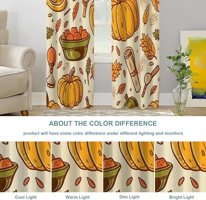 Shrahala Thanksgiving Seamless Pattern Blackout Window Curtains, Pumpkin Apple Pear Leaves Thermal Insulated Curtains Grommet Top Window Drapes for Living Room, Bedroom (2 Panels, 52 x 84 in)
