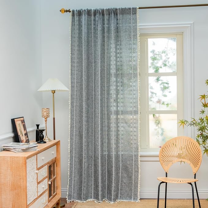 Deeprove Charcoal Grey Boho Curtain 72 inches Length for Living Room Bedroom Nursery, Bohemian 72 inches Long, Geometric Stripe Embroidery Privacy Window Tassel Decorative W52 x L72, 1 Panel