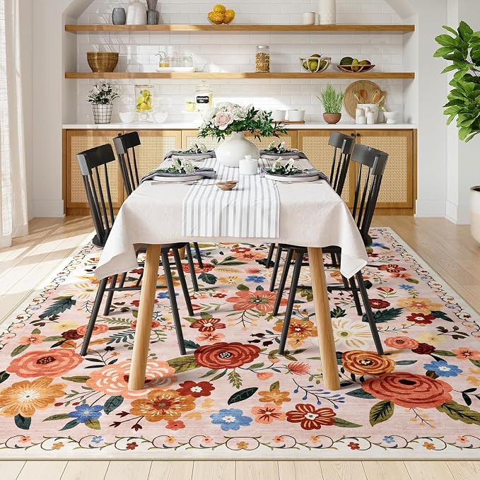 8x10 Washable Area Rug for Living Room, Floral Non-Slip Non-Shedding & Easy Care Large Soft Low Pile Indoor Floor Carpet for Living Room, Bedroom, Farmhouse, Dining Room, Kids Playroom, Beige