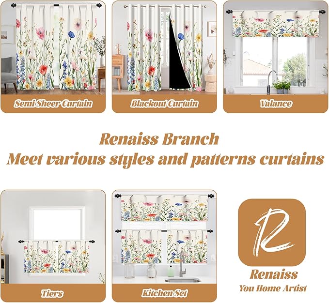 Renaiss 26 x 30 Inch Floral Kitchen Curtains for Windows Wildflower Cafe Linen Tier Farmhouse Curtains Country Botanical Plant Small Window Rod Pocket Rustic Curtain for Laundry Bathroom RV 2 Panels