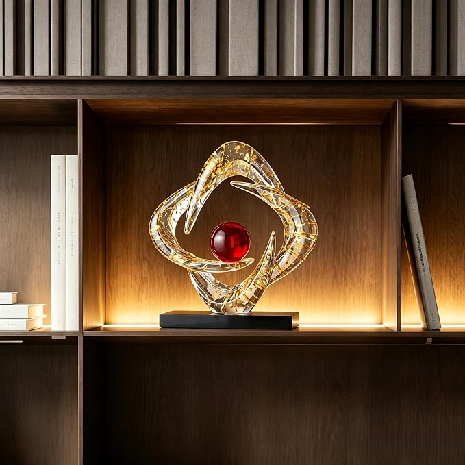 AWNR Gold Abstract Sculpture House Decor Aesthetic - Home Décor Accents for Nightstand, Shelves, Dining Room, Entryway Table, Office, Desk Accessories (Transparent Gold foil with red Ball C)