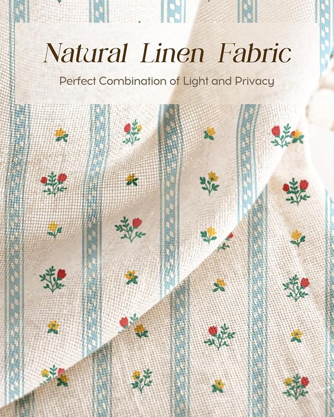 Miss Adola Farmhouse Kitchen Tier Curtains - 20 Inch Length Linen Blend Boho Cafe Curtains Blue Floral Small Window Treatments Over Sink Rod Pocket for Bathroom Living Room Light Filtering, 2 Panels