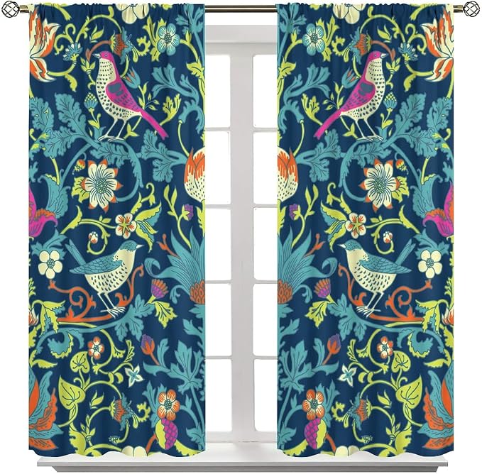Boho William Morris Art Blackout Window Curtains, Magical Forest Vintage Flowers and Birds Rod Pocket Curtains, for Living Room Bedroom 31.5(W)*63(L) 2 Panels