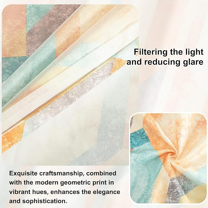 Leeva Room Darkening Curtains with Sheer Overlay, Double Layer Orange Drapes 84 Inch Length, Linen Textured Geometric Drapery Panels Set for Bedroom, Grommet Top, 52" x 84"