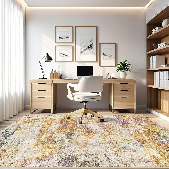 6x8 Area Rugs Living Room: Washable Large Abstract Modern Soft Stain Resistant Indoor Floor Rugs Non Slip Accent Carpet for Bedroom Nursery Playroom Office Dining Room Dorm Home House- Gold Colorful