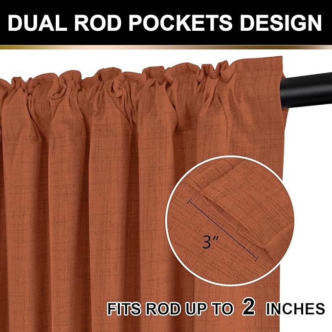 100% Blackout Shield Full Blackout Curtains for Bedroom 84 inch Length 2 Panels Set, Clip Rings/Rod Pocket Faux Linen Black Out Curtains for Living Room, Thermal Insulated, 50Wx84L, Burnt Orange