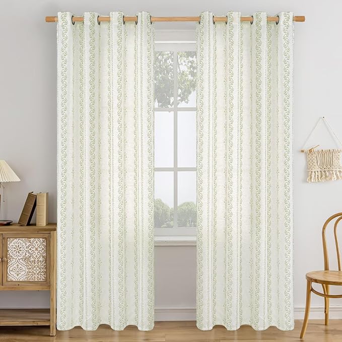 BGment Sage Green Floral Curtains 84 Inch Long, Light Filtering Linen Curtains with Botanical Leaf Print for Living Room Cottage Core Farmhouse Rustic, 2 Panels Set, 52 x 84 Inch