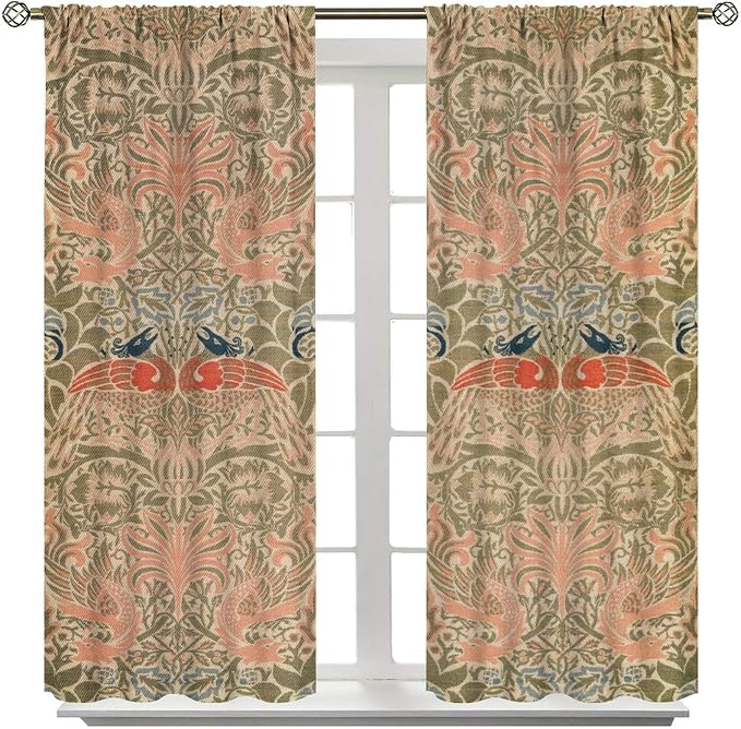 Retro Bohemian William Morris Blackout Window Curtains, Vintage Peacock Abstract Art Pattern Print Window Drapes, for Bedroom Living Room 27.5(W)*63(L) 2 Panels