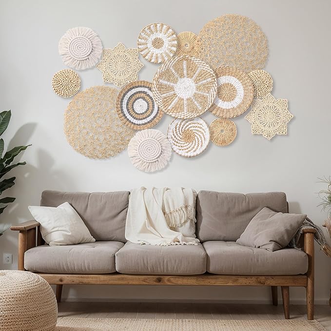 15 Pcs Boho Wall Basket Decor Woven Rattan Seagrass Wall Decor Hanging Rustic Farmhouse Western Art Decoration for Nursery Living Room Bedroom Home Kitchen(Grey White Style)