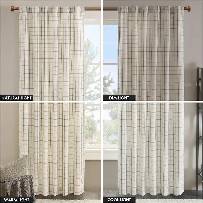 Madison Park Anaheim Cabin Plaid Curtain Window, Thermal Insulated Fleece Lining, Living Room Decor Room Darkening Drape for Bedroom, 1-Single Panel, 50x84, Rod Pocket & Back Tab, Natural (Pack of 4)