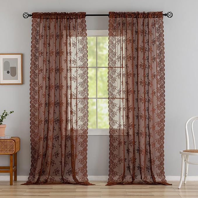 Kotile Warm Brown Lace Curtains 96 Inches Long 2 Panels W52 x L96 in, Country Rustic Floral Dark Brown Colored Sheer Curtains for Living Room, Rod Pocket Light Filtering Privacy Cottage Sheer Curtain