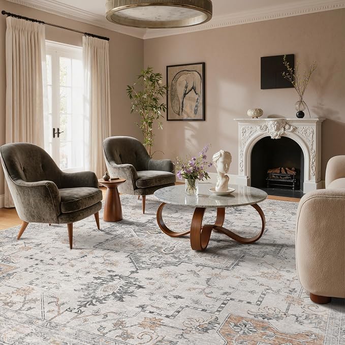 GENIMO 10x14 Area Rugs for Living Room, Non Slip Machine Washable Vintage Rugs, Low Pile Lightweight Print Large Rug for Bedroom, Dining Room, Home Office, Light Taupe Brown