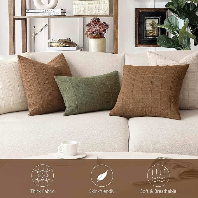 Foindtower Set of 2 Decorative Linen Check Throw Pillow Covers Neutral Farmhouse Vintage Cushion Covers Modern Boho Home Decor for Sofa Chair Couch Bedroom Living Room,18×18 Inch,Brown Hazel