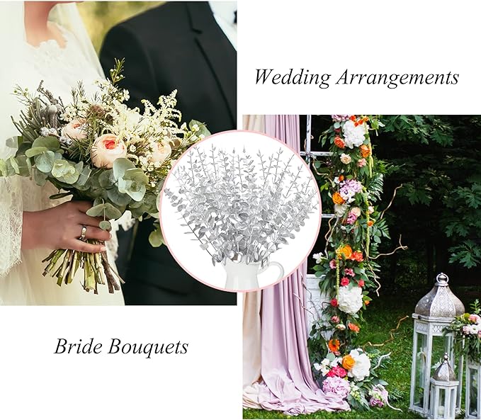 FEQO 36 Pcs Silver Eucalyptus Stems Artificial Leaves Faux Eucalyptus Stems Branches 15 inch for Wedding Bouquet Home Decor