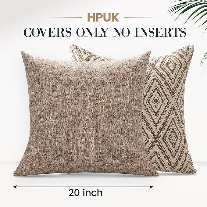 HPUK Throw Pillow Covers 20x20 Inch Set of 4, Linen Decorative Pillow Covers, Accent Cushion Covers for Couch Sofa Bed Bedroom Living Room Décor, Light Brown
