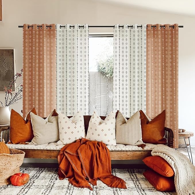 90 Inch Boho Curtains, Semi Sheer Floral Pattern Terracotta Burnt Orange Decorative Linen Vintage Drapes for Living Room Bedroom 52x90 in Long 2 Panel Set