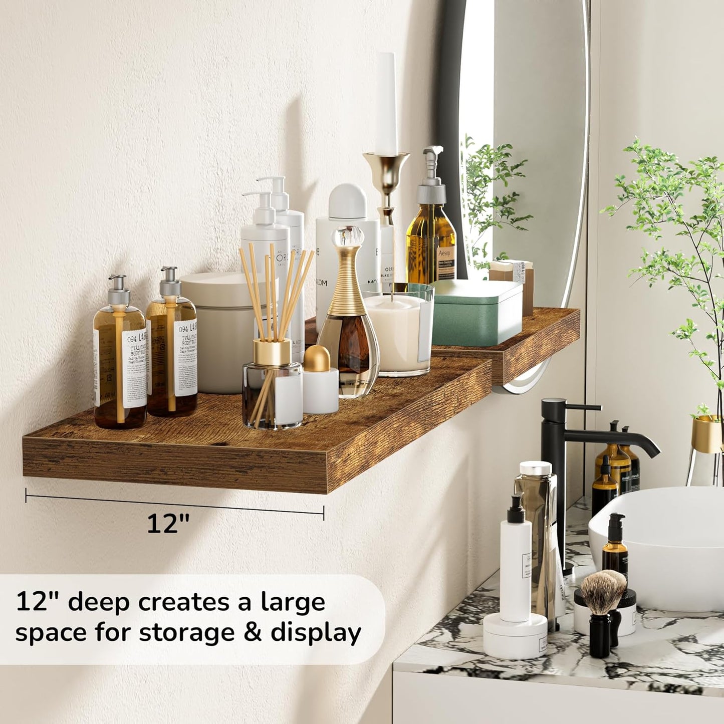 Fun Memories Floating Shelves - 2 Pack 12 Inch Deep Rustic Wooden Wall Shelves - Extra Deeper & Thicker Wall Mounted Storage Shelf for Living Room, Kitchen, Farmhouse - 24" W x 12" D x 1.5" H - Brown