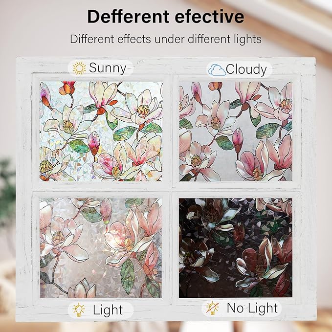 Ranzdn Window Privacy Film - Stained Glass Window Film Static Cling UV & Heat Blocking Rainbow Window Film for Glass Doors, Bedroom Windows - No Glue Premium Vinyl (Easy Install,45.2"×78.7")