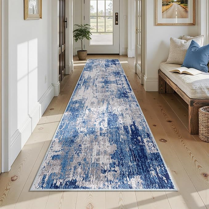 RELEANY Washable Area Rugs 2'6"x14 Non-Slip Modern Abstract Soft for Living Room Entryway Bedroom Kitchen, Print Pattern, Blue Grey Navy Gray