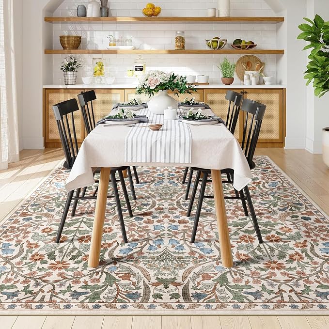 8x10 Washable Area Rug for Living Room, Floral Non-Slip Non-Shedding & Easy Care, Large Soft Low Pile Botanical Indoor Floor Carpet for Living Room, Bedroom, Dining Room, Kids Playroom, Nursery, Beige