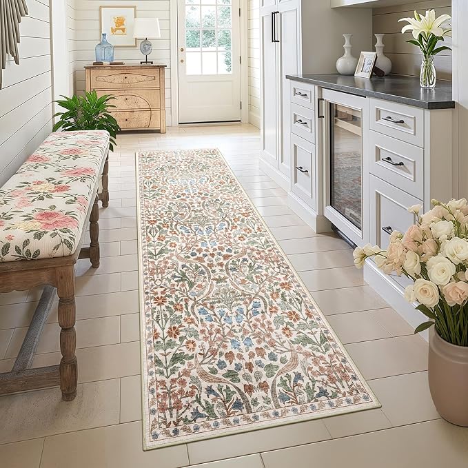 2.6x8 Machine Washable Runner Rug, Kitchen Hallway Area Rug Beige Vintage Boho Floral Ultra Non-Slip Low Pile Soft Faux Wool Carpet Kids and Pets Friendly for Bedroom Entryway Nursery Decor Rug