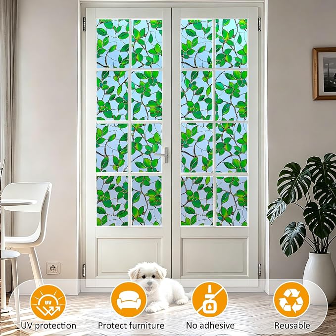 Countewol Privacy Window Film Upgraded 24H Day & Night Privacy Heat Insulation Static Cling Decorative Glass Film(Upgraded UV Greenery, 29.5 X 78.7 in)