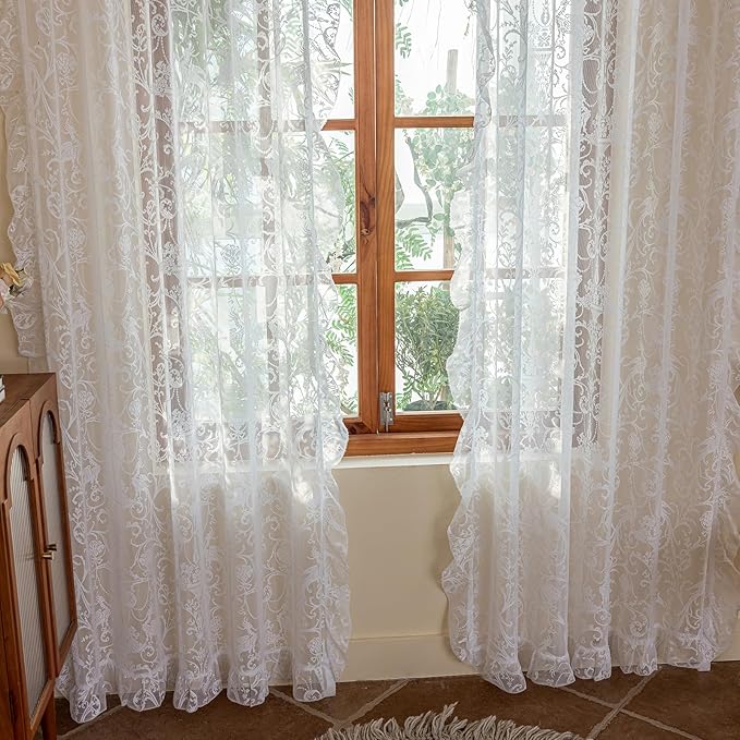 TUDECO White Lace Curtains 63 Inch Length - Victorian Sheer Voile Floral Curtains for Bedroom Nursery Elegant Ruffle Privacy Light Filtering 2 Panels Rod Pocket Window Decor, 59 x 63 Inch