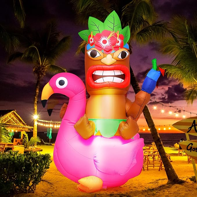 Shappy 5 ft Inflatable Tiki Flamingo Surfboard Luau Hawaiian Party Decorations Summer Inflatables Outdoor LED Lighted Tiki Blow up Beach Tropical Pool Surfing Yard Party Supplies Favors(Delicate)
