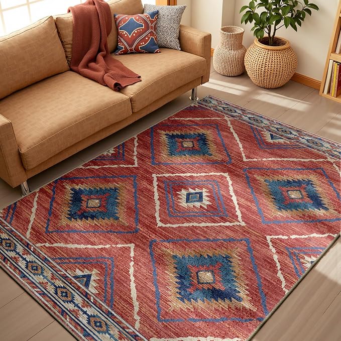 BESTSWEETIE Area Rug 6x6 Rug Machine Washable Non-Slip Low Pile Print Pattern Western Rug for Living Room Bedroom Entryway Tribal Series -Red/Orange