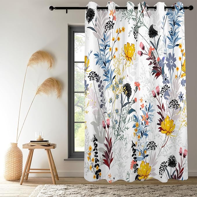 Renaiss Botanical Plants Blackout Curtains, Wild Flowers Plants Print Thermal Insulated Bedroom Window Curtains, Boho Floral Window Drapes for Living Room, 96" L x 42" W 2 Panel Set