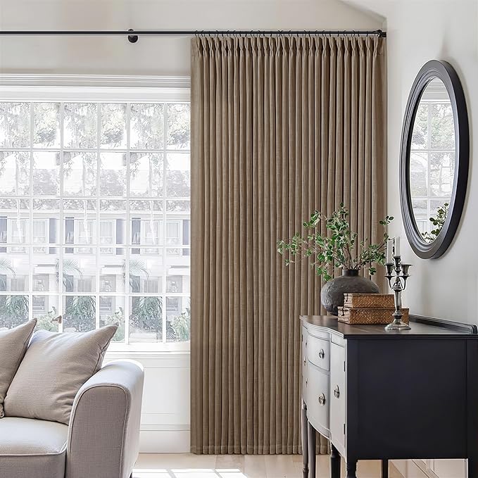 112 Inch Linen Curtains 2 Panels Set Pinch Pleated for Living Room Bedroom Memory Training Shaped Semi Sheer Dutch Cocoa Pinch Pleat Drapes Hooks Rings Light Filtering Window Curtain Drapes