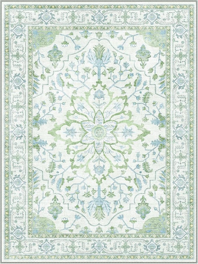 RELEANY Area Rugs 3'x4' Washable Non-Slip, Floral Vintage Distress Medallion Carpet for Living Room Bedroom Dining Room, Green White Blue