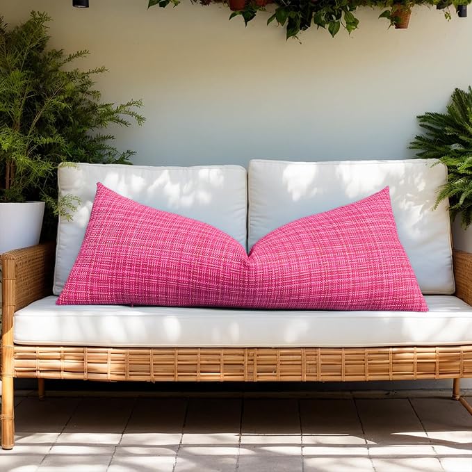 Kevin Textile Outdoor Waterproof Throw Pillow Covers 14x36 Inch Pack of 1 Woven Faux Linen Decorative Water Resistant Long Body Lumbar Cushion Covers for Tent Patio Garden Couch Sofa Hot Pink