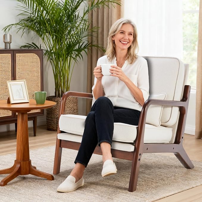DUMOS Mid Century Modern Accent Chair, Upholstered Armchair with Lumbar Pillow and Solid Wood Frame, Low Side Sitting Chair for Small Living Room, Bedroom, Balcony, Home Corner, Beige