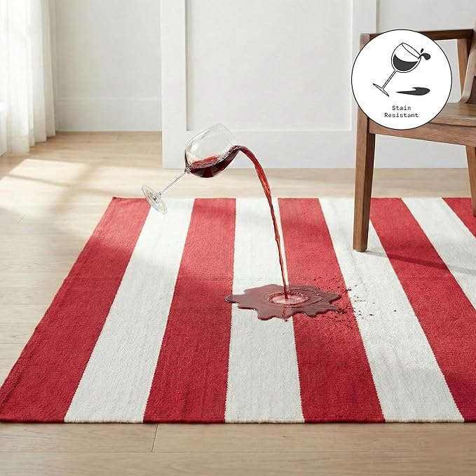 Fab Habitat Machine Washable Area Rug - Hand Woven, Stain Resistant, Pet Friendly - Premium Recycled Polyester Yarn - Stripes - Bedroom, Living/Dining Room - Nantucket - Red & White - 5 x 8 ft