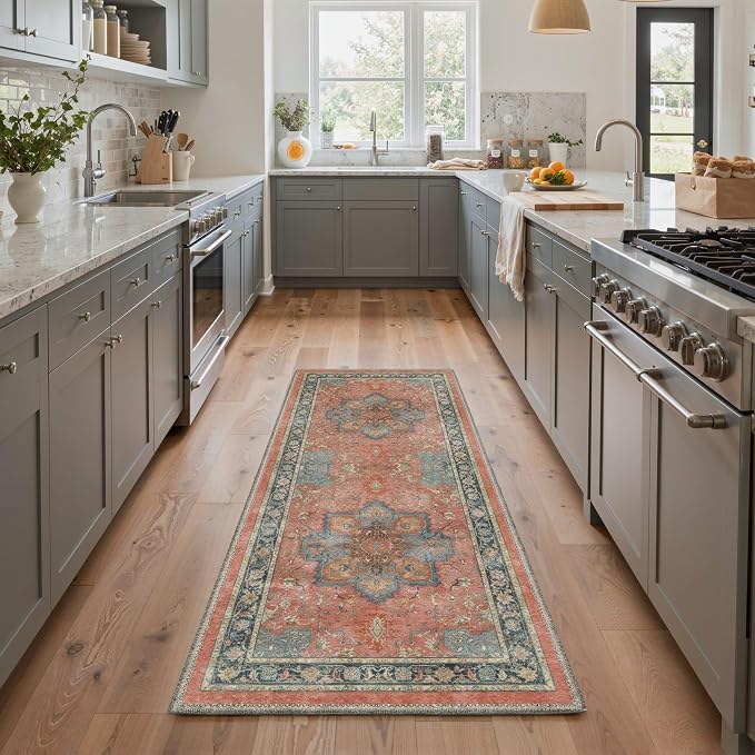 GENIMO 5x7 Area Terracotta Rug for Living Room, Machine Washable Rug, Non Slip Indoor Vintage Carpet, Low Pile Lightweight Print Carpet for Bedroom Dining Room Home Office