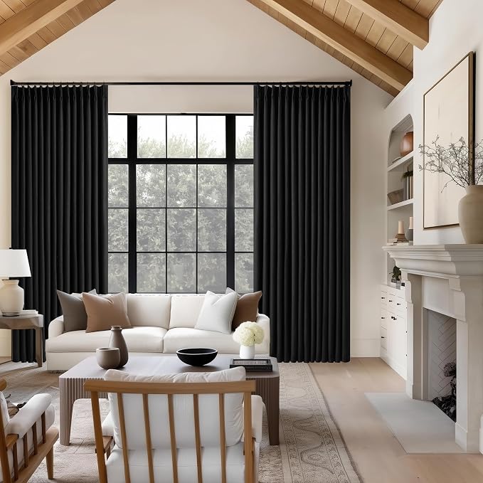 Black Pinch Pleated Linen Blackout Curtains 2 Panels for Living Room Bedroom Thermal Insulated 100% Black Out Linen Drapes with Liner Room Darkening Window Curtains 40x108