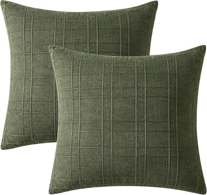 MIULEE Decorative Linen Check Throw Pillow Covers Neutral Farmhouse Vintage Spring Pillow Covers 18x18 Set of 2 Boho Modern Home Decor for Sofa Couch Bedroom Cushion Dark Olive Green