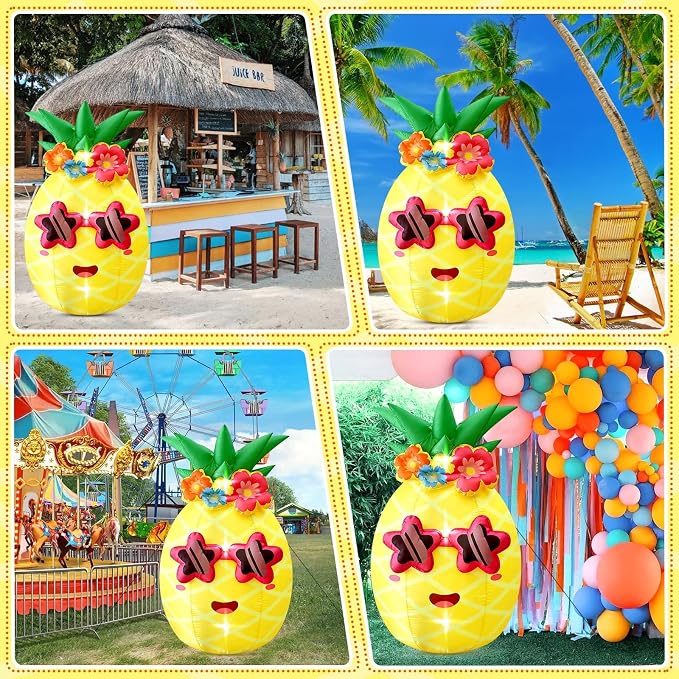 5FT Summer Inflatable Pineapple Outdoor Decor, Blow Up Pineapple Built-in LED Lights, Giant Inflatable Decorations for Tropical Pool Beach Party Photo Backdrop Yard Lawn Hawaiian Luau Party Supplies