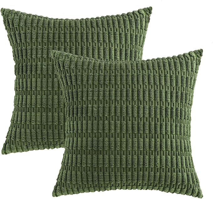 MIULEE Pack of 2 Spring Corduroy Decorative Throw Pillow Covers 16x16 Inch Soft Boho Striped Pillow Covers Modern Farmhouse Home Decor for Summer Sofa Living Room Couch Bed Moss Green