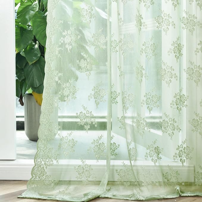 Kotile Sage Green Sheer Curtains 36 Inch Length 2 Panels, Country Rustic Floral Design Spring Short Sheer Curtains for Windows, Rod Pocket Privacy Lace Cafe Curtains, 42 x 36 Inch Each, Sage Green