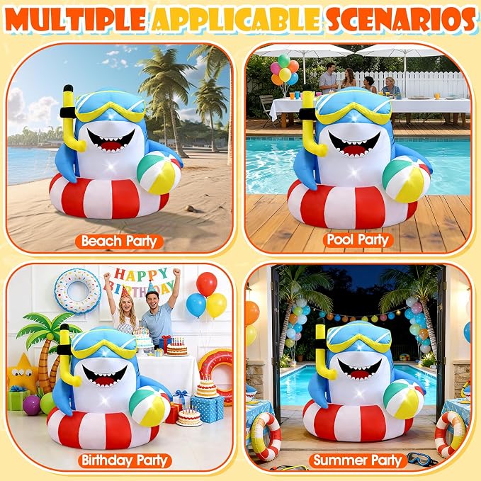 4FT Inflatable Shark with Beach Ball for Summer Outdoor Decor, Blow Up Shark Built-in 3 LED Lights for Beach Pool Ocean Party Decorations, Birthday Party Supplies, Yard Garden Indoor Photo Backdrop
